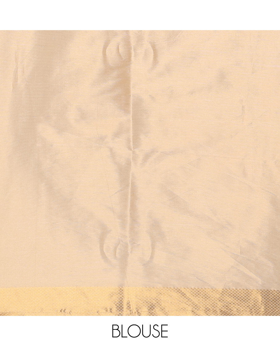 Cream small violet polka dots banarasi tissue saree, zari border, pallu of violet polka dots & running plain blouse