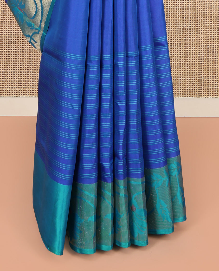 Blue Mayuri Soft Silk Saree, Woven with Stripes, Complemented by Contrast Floral Creeper Border, Floral Design Pallu, and a Contrast Blouse