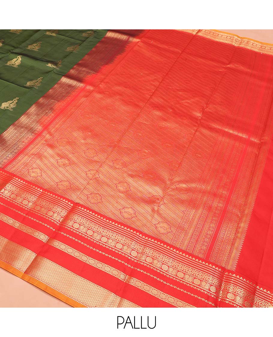 Green Vasundhara Lite Silk Mix Saree, Highlighted by Yaanai Buttas, Complemented by a Contrast Varisai Pettu Border of Rekku, Muthu, Jada Nagam, Mayil, Neli, Rudraksham, and Mayil Kann Design, Intricately Designed Pallu, and Paired with a Contrast Blouse