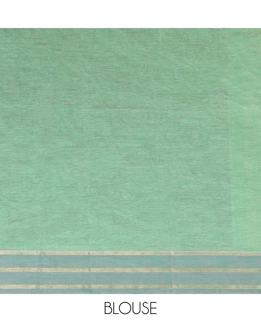 Green Combatiore cotton saree with floral buttas, contrast striped border & floral design pallu