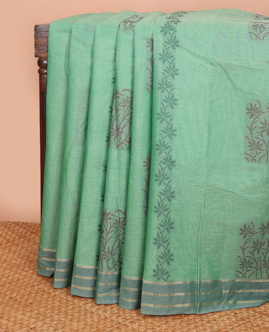 Green Combatiore cotton saree with floral buttas, contrast striped border & floral design pallu