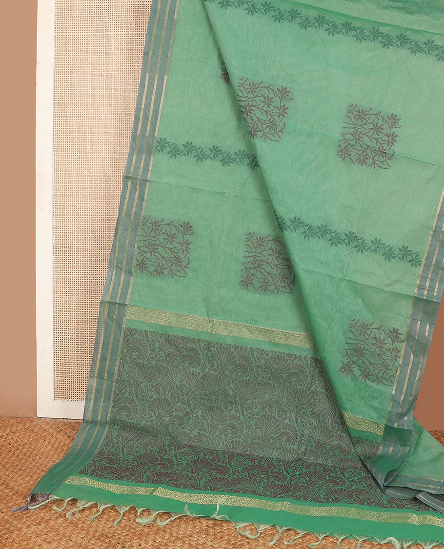 Green Combatiore cotton saree with floral buttas, contrast striped border & floral design pallu