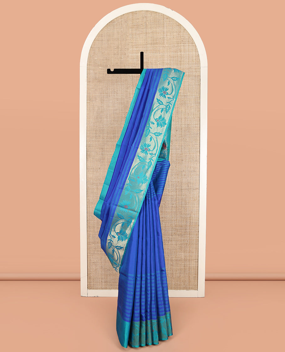 Blue Mayuri Soft Silk Saree, Woven with Stripes, Complemented by Contrast Floral Creeper Border, Floral Design Pallu, and a Contrast Blouse