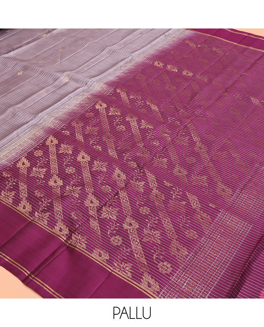 Grey Mayuri Lite Silk Mix Saree, Woven with Zari Buttas All Over Its Body, Complemented by a Contrast Border, Pallu of Intricate Designs, and Paired with a Contrast Blouse