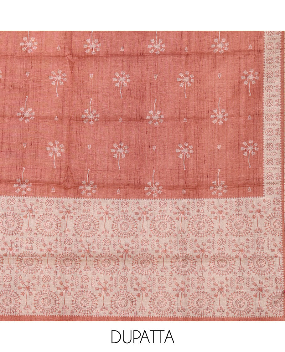 Chikku color semi-tussar material chudidar set, warli motifs top, contrast rust plain bottom & dupatta steeped with warli motifs