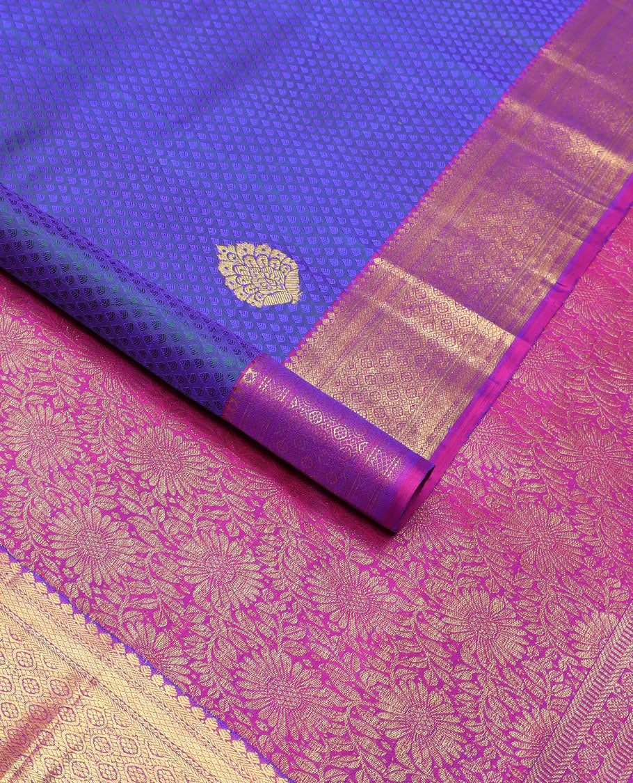 Blue leaf design silk saree with contrast intricate zari design border & floral jaal design pallu