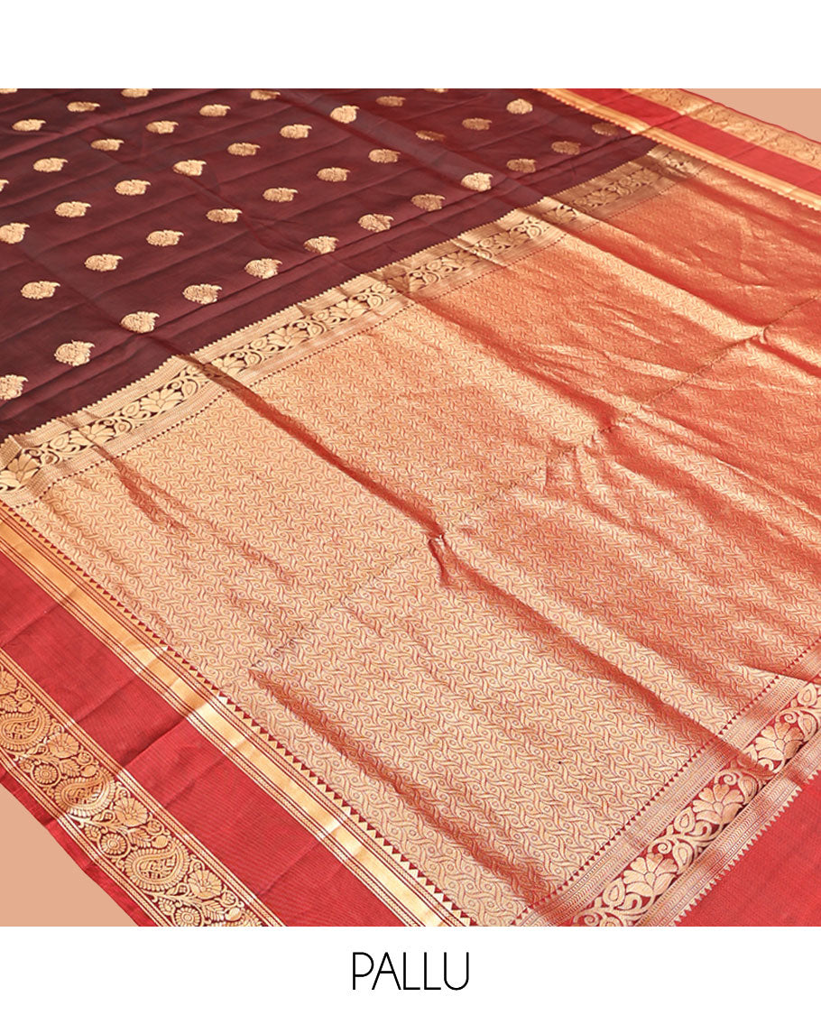 Maroon Mayuri Lite Silk Mix Saree, Finely Crafted with Zari Buttas on Its Body, Complemented by Contrast Border of Rekku, Kathir, and Manga Designs, Contrast Pallu of Intricate Designs, and Paired with a Contrast Blouse