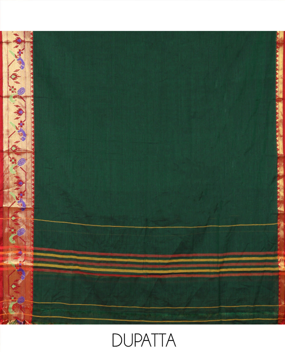 Green Mercerised Cotton Material Chudidar Set, Adorned with Paithani Bordered Top, a Mercerised Cotton Bottom, and Paired with a Matching Mercerised Cotton Paithani Bordered Dupatta