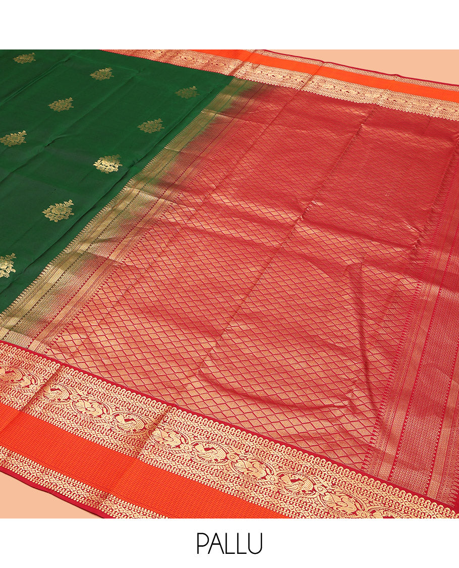 Green Vasundhara Silk Saree, Crafted with Zari Buttas, Complemented by Contrast Border Rekku, Muthu, and Mayil Designs, Grand Pallu, and Contrast Blouse