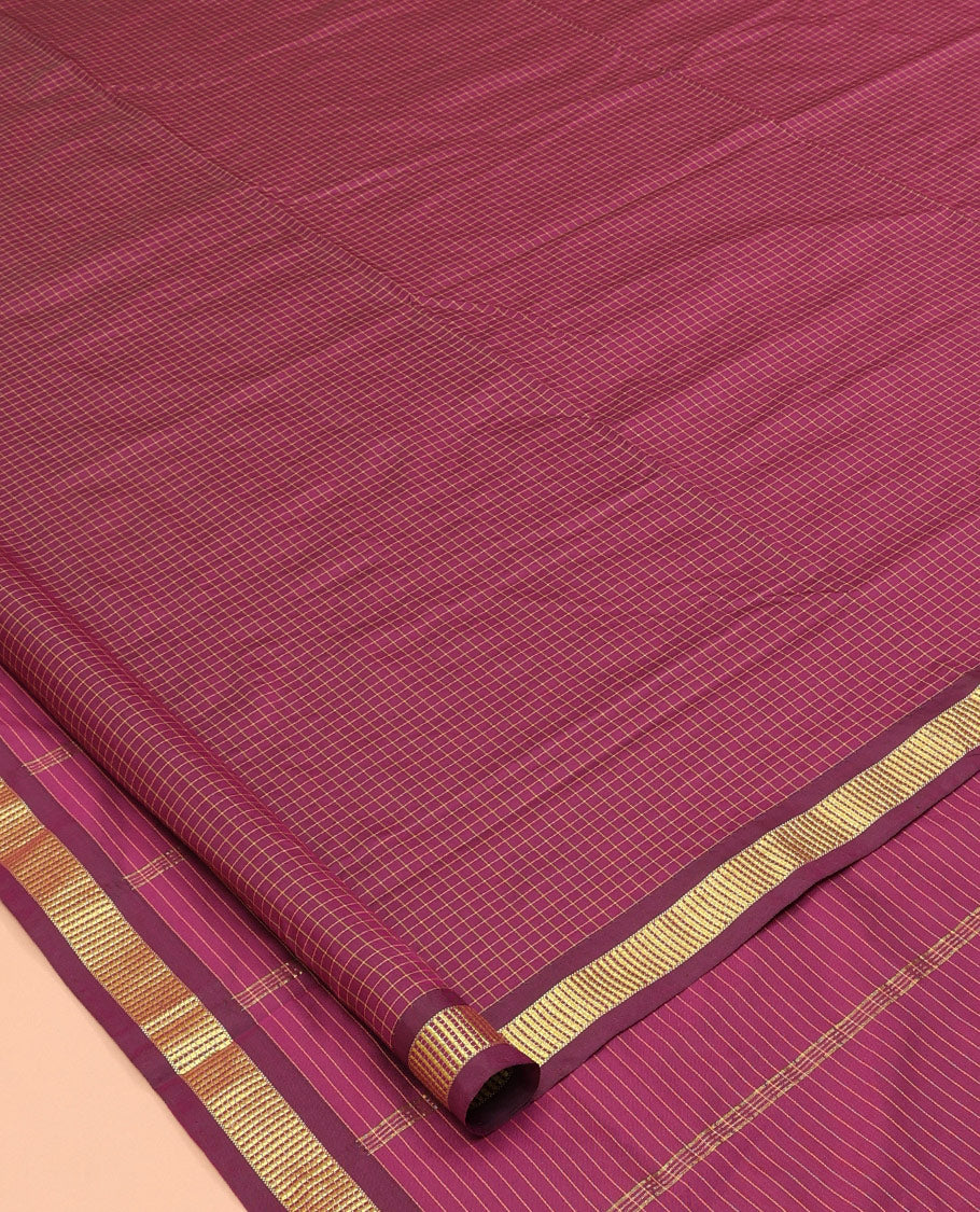 Purple Checked Ten Yard Saree, a Zari Border, Striped Pallu, and No Blouse