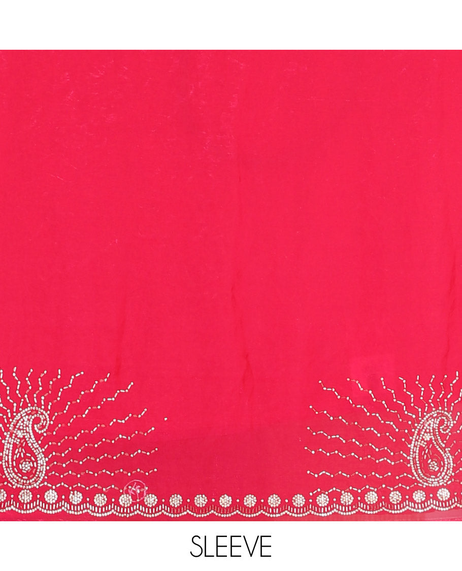 Rani pink micro-stone work fendy chiffon saree with paisley stone work on its shoulder, a scallop stone work border, a butterfly style pallu, and a matching stone work blouse