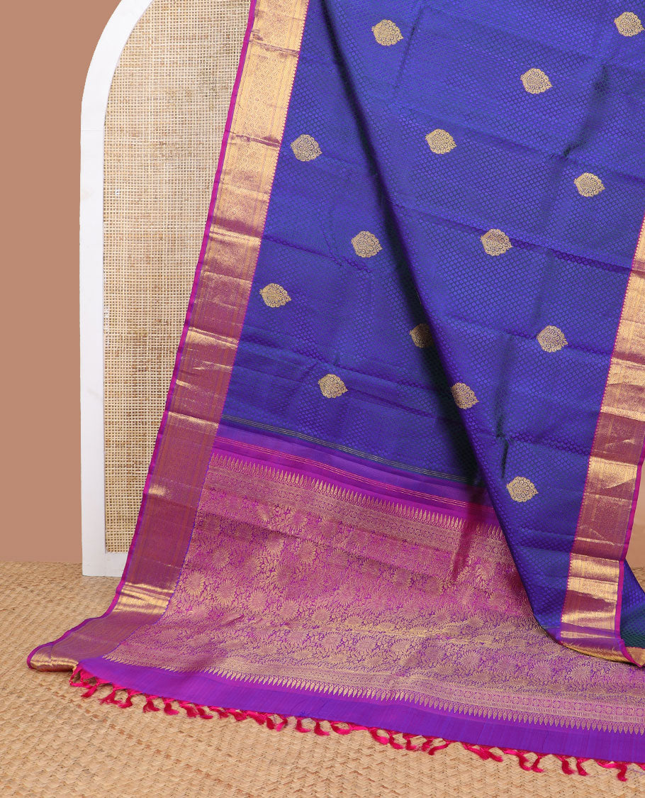 Blue leaf design silk saree with contrast intricate zari design border & floral jaal design pallu
