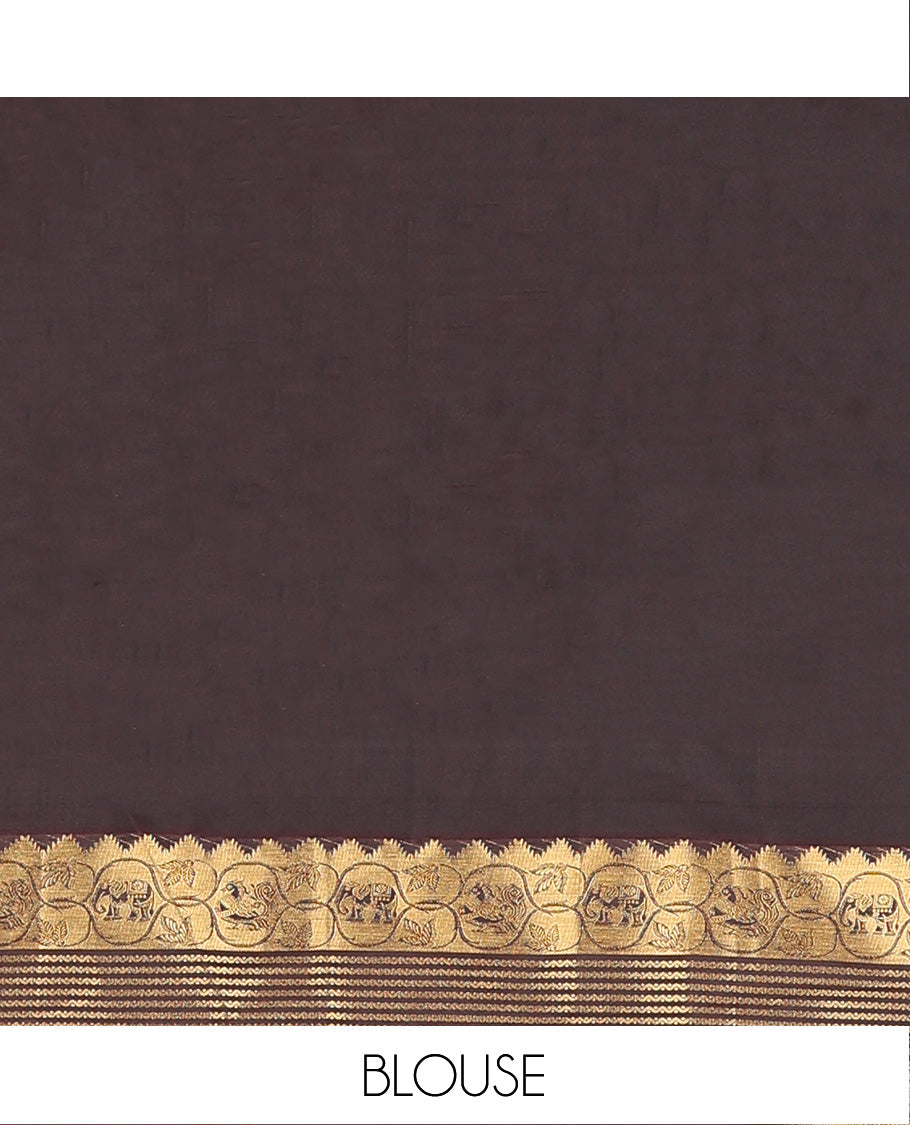 Red zari buttas Vasundhara silk mix saree, contrast border of thazampoo rekku, neli, mayil, and yaanai, and jaal pallu