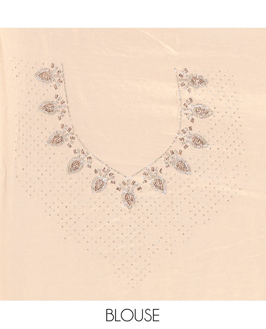 Champagne Designer Saree, Embellished with Stone Work On Its Body, Scallop Embroidered Border, and Heavy Embroidered Matching Blouse