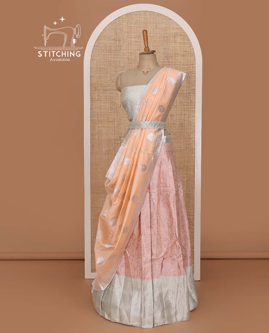 Peach lehenga set, zari jacquard with contrast traditional design border skirt, jacquard stone work blouse, and banarasi zari design dupatta
