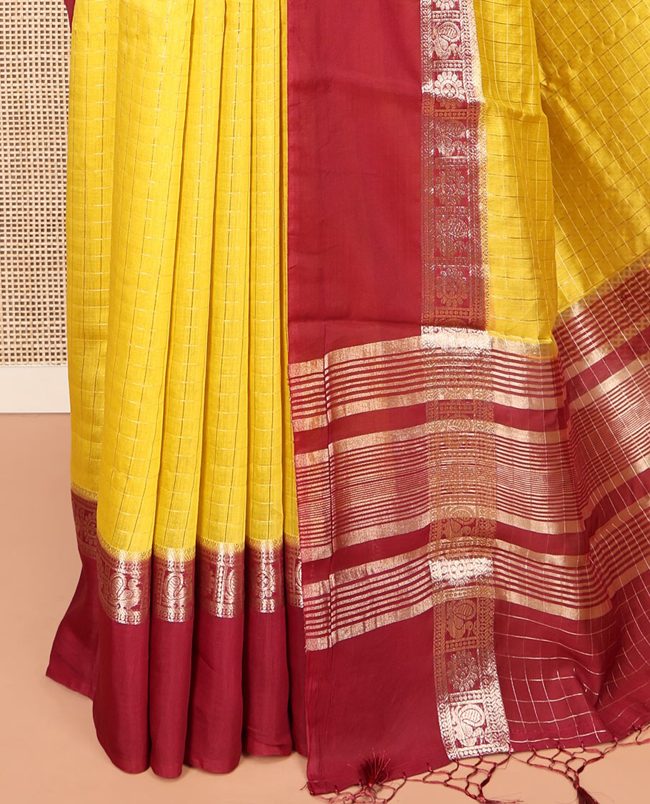 Yellow Zari Checked Assam Silk Saree, Complemented by a Contrast Traditional Zari-Woven Border, Zari-Striped Pallu, and a Contrast Blouse