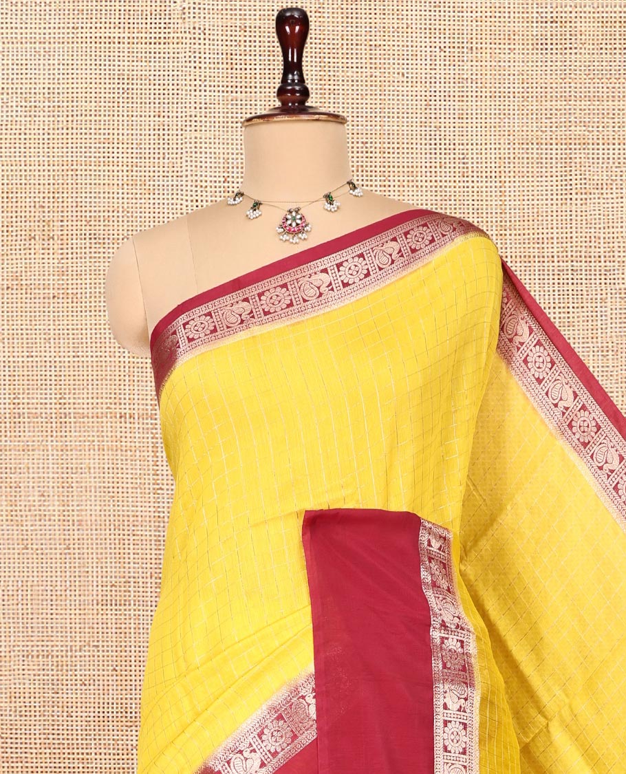 Yellow Zari Checked Assam Silk Saree, Complemented by a Contrast Traditional Zari-Woven Border, Zari-Striped Pallu, and a Contrast Blouse