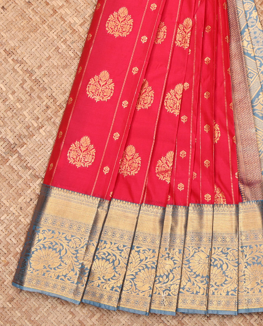 Red Budget Silk Saree, Woven with Zari Buttas and Stripes, Complemented by a Contrast Traditional Border, Grand Pallu, and a Contrast Blouse