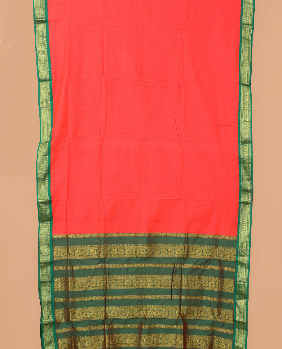 Red plain nine-yard cotton saree, contrast traditional motifs border, and pallu of traditional designs