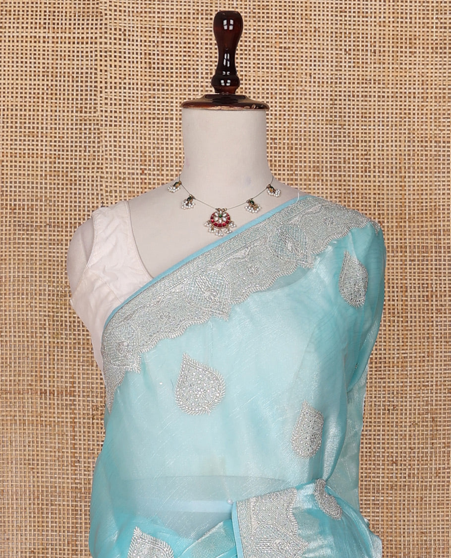 Blue embroidered spade-shaped motifs designer saree, embroidered border