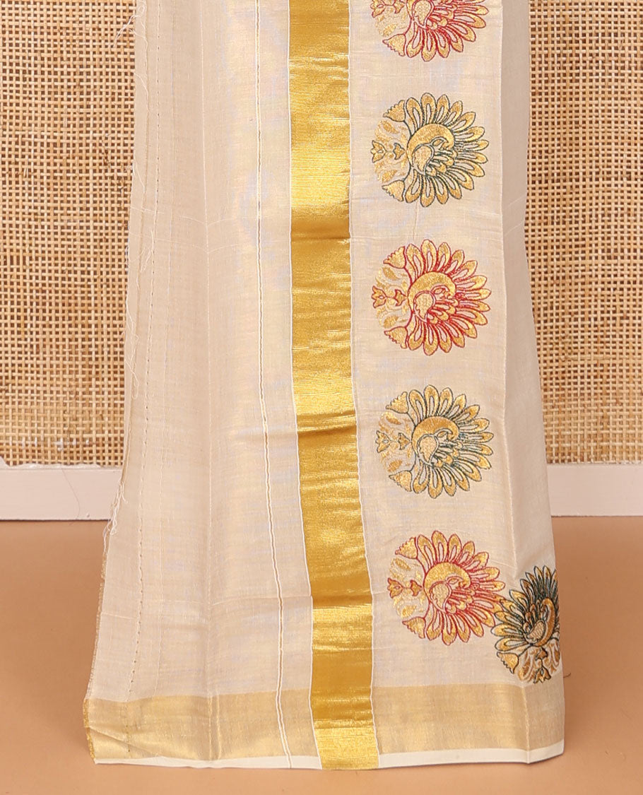 Cream plain design Kerala mundu set, peacock motifs thread embroidery and zari bavanji border