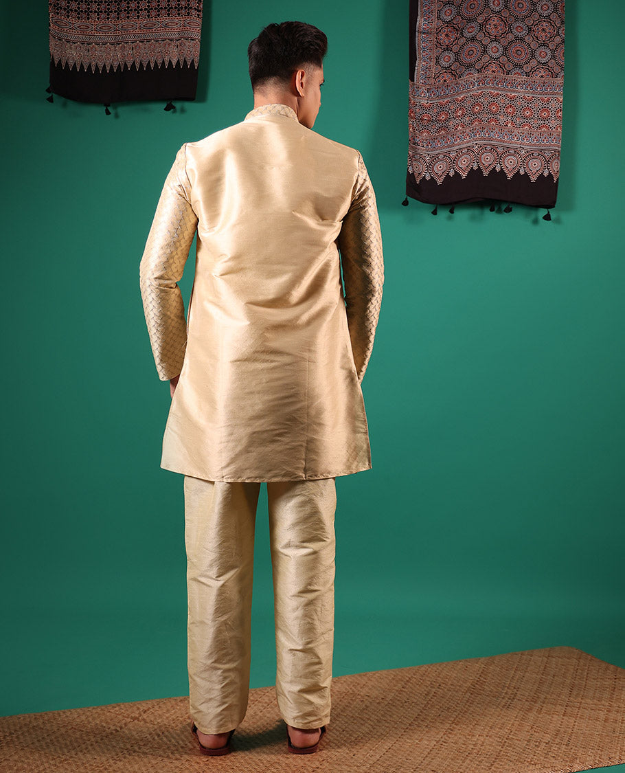 Gold thread and sequins embroidered full-sleeved men's kurta set