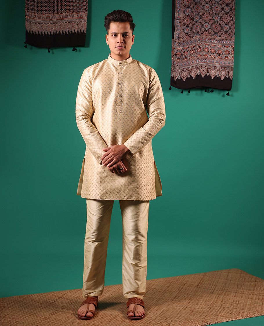 Gold thread and sequins embroidered full-sleeved men's kurta set