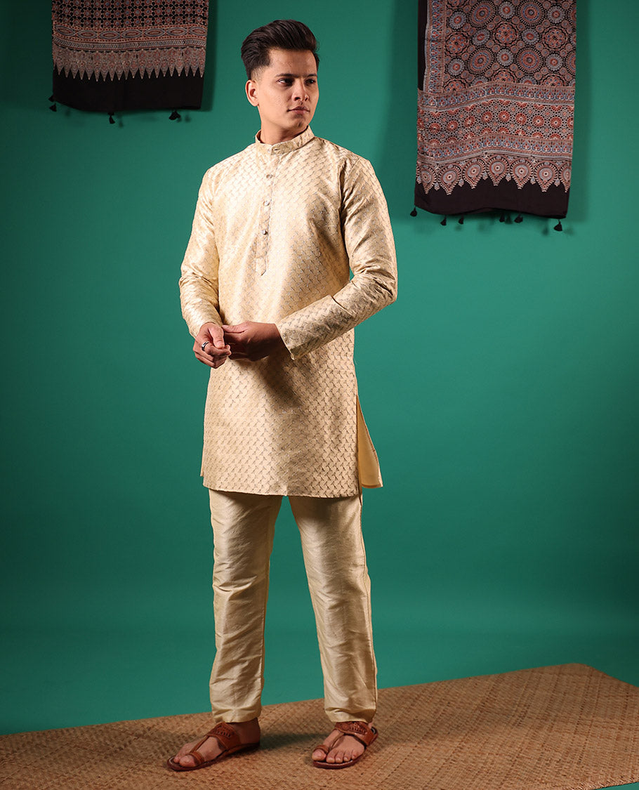 Gold thread and sequins embroidered full-sleeved men's kurta set