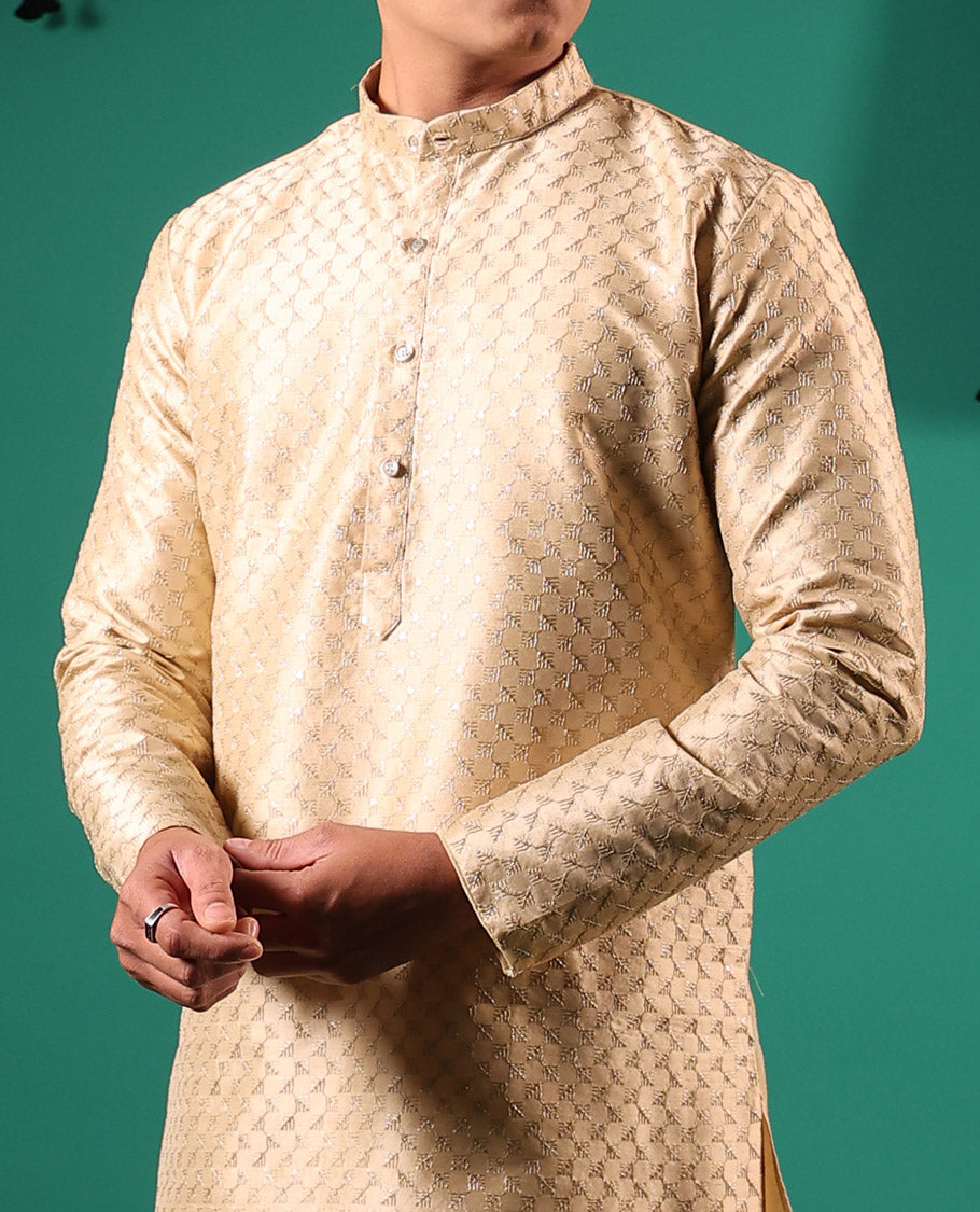 Gold thread and sequins embroidered full-sleeved men's kurta set