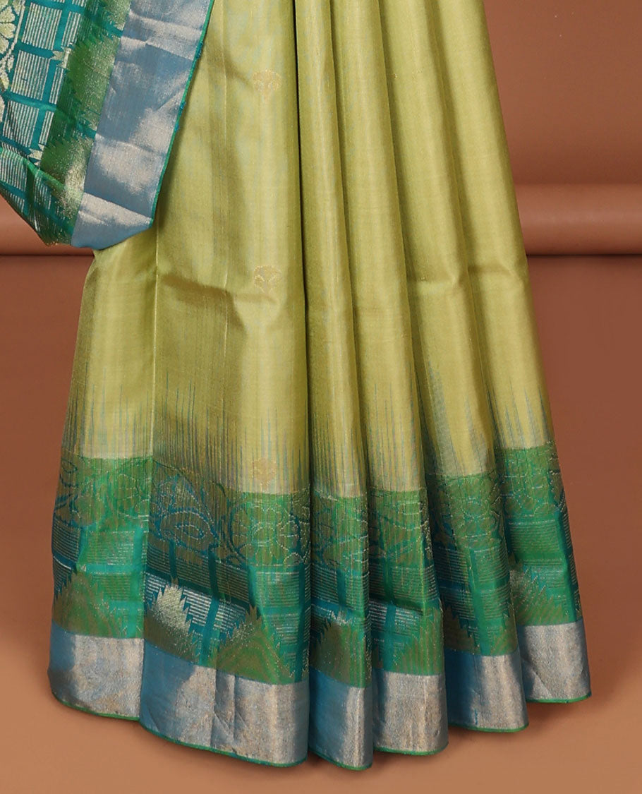 Green buttas soft silk saree with contrast floral border & ogee pattern pallu