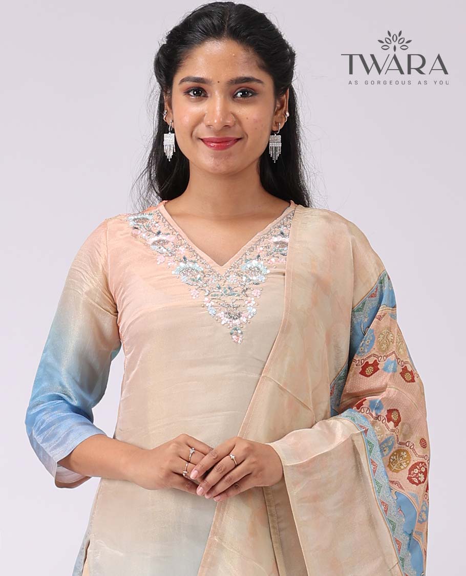 Twara multi-color floral embroidery v neck, 3/4th sleeve, below knee lenght kurti with straight pants & floral printed dupatta