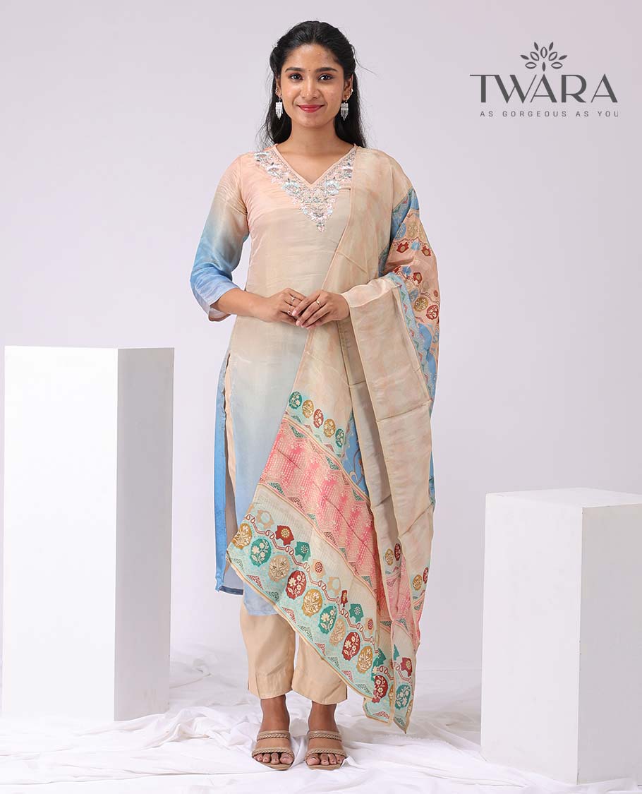 Twara multi-color floral embroidery v neck, 3/4th sleeve, below knee lenght kurti with straight pants & floral printed dupatta
