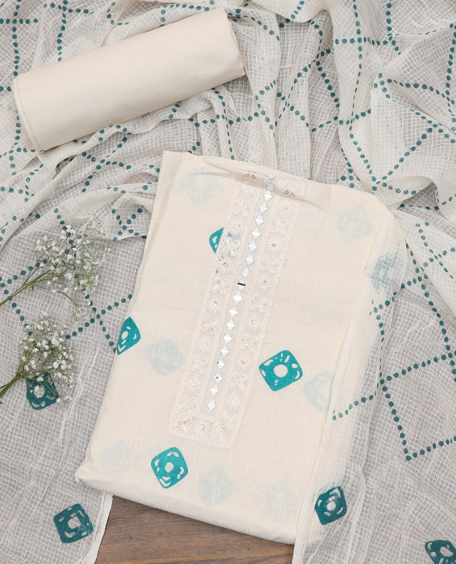 White-blue material churidar set, shibori motifs print with mirror embroidered top, plain bottom, and a chex kota dupatta of polka dots