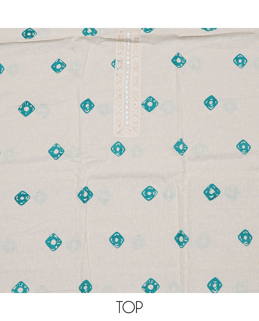 White-blue material churidar set, shibori motifs print with mirror embroidered top, plain bottom, and a chex kota dupatta of polka dots