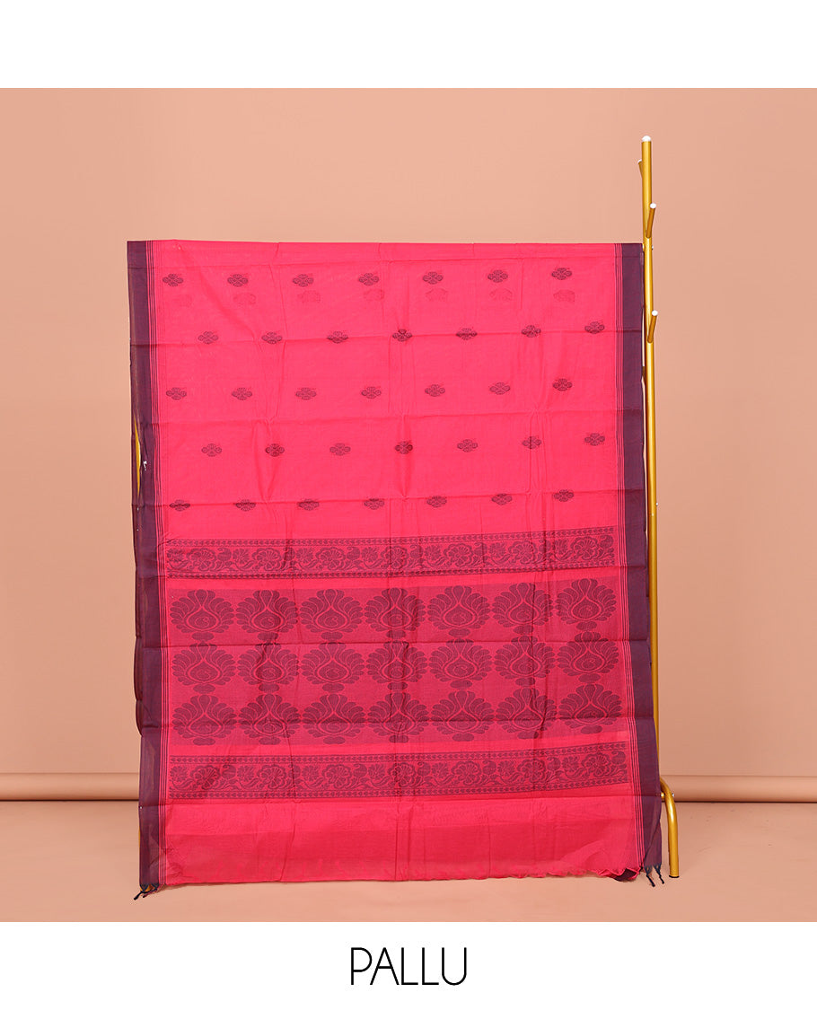 Pink Kanchi Cotton Saree, Sparsely Designed with Buttas on Its Body, Complemented by Contrast Border, a Pallu of Intricate Designs, and Paired with a Matching Blouse