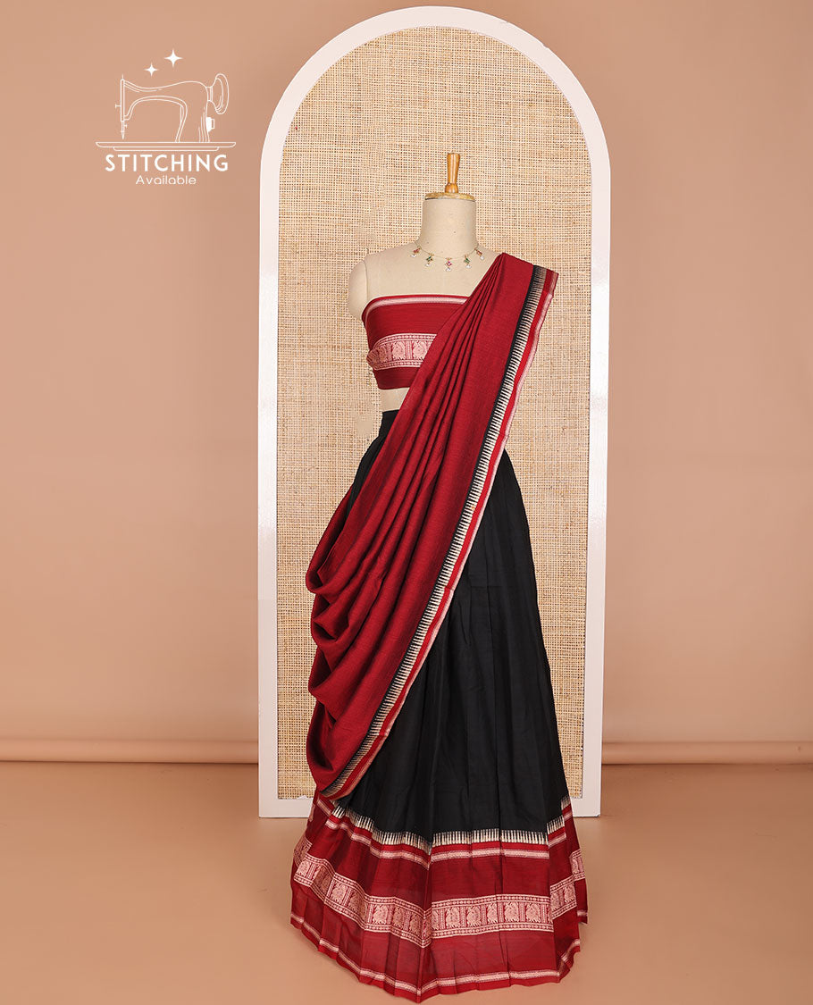 Black cotton half saree with contrast peacock design border, peacock design blouse & temple border dhavani