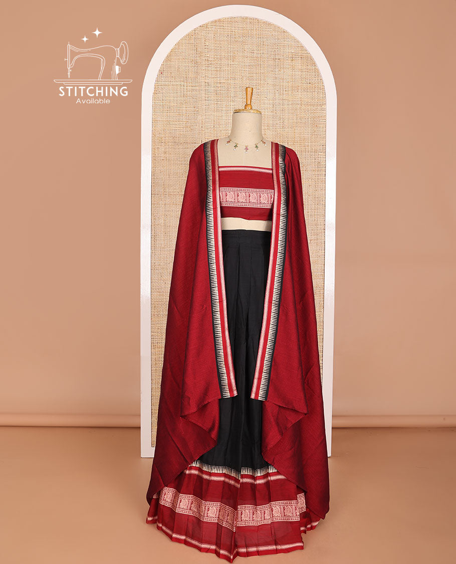Black cotton half saree with contrast peacock design border, peacock design blouse & temple border dhavani
