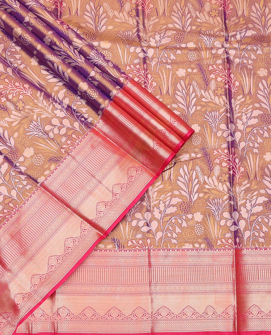 Violet Art Silk Pavadai Material Set Spotlighted with Jacquard Design on Its Skirt, Complemented by a Contrast Traditional Zari Design Border, and Paired with a Contrast Blouse