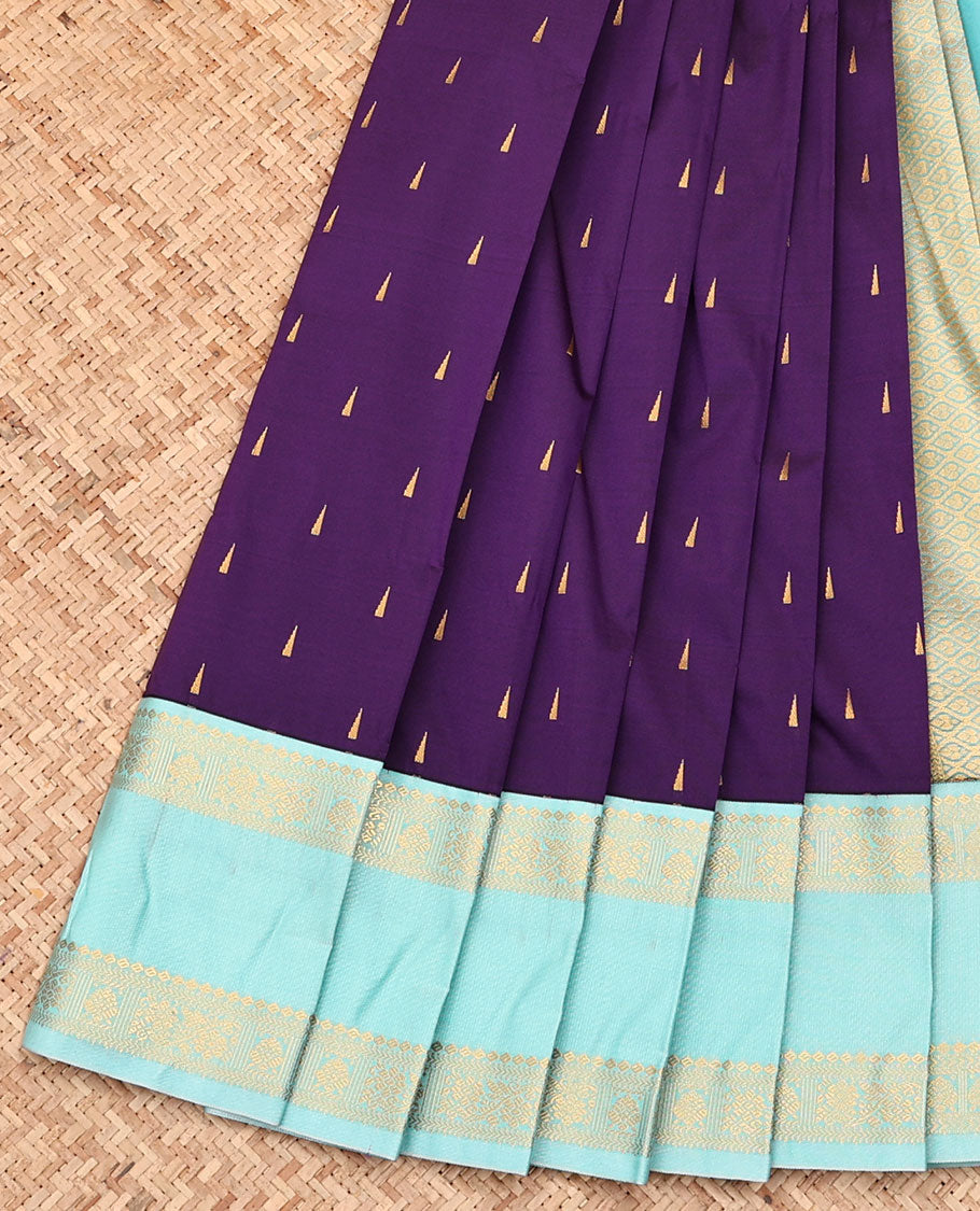 Violet Budget Silk Saree, Finely Crafted with Temple Zari Buttas All Over Its Body, Complemented by a Contrast Traditional Zari Design Rettai Pettu Border, Grand Jaal Pallu, and Paired with a Contrast Blouse