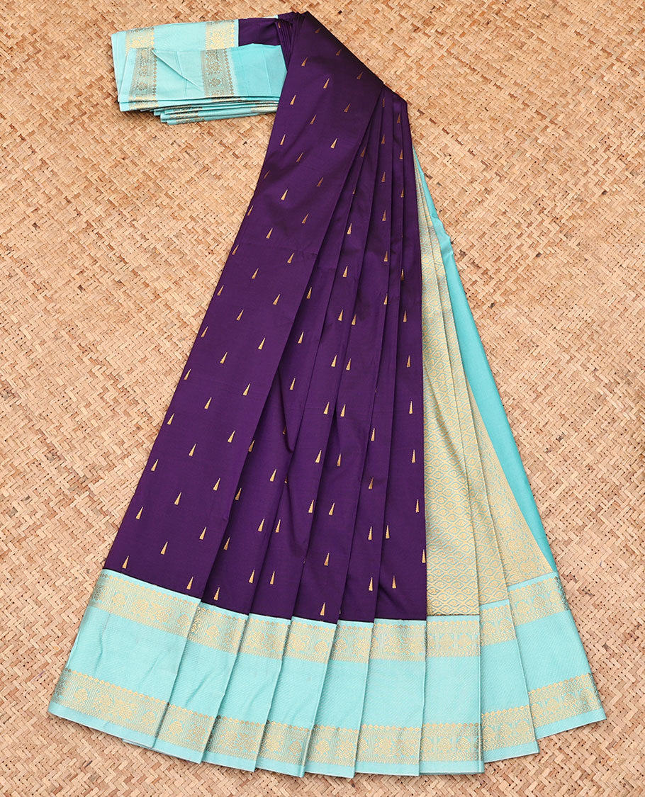 Violet Budget Silk Saree, Finely Crafted with Temple Zari Buttas All Over Its Body, Complemented by a Contrast Traditional Zari Design Rettai Pettu Border, Grand Jaal Pallu, and Paired with a Contrast Blouse