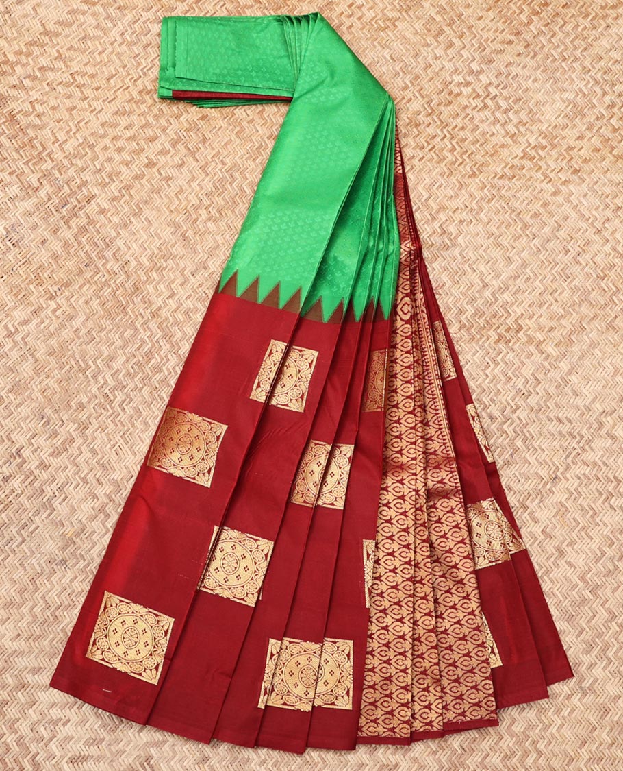 Borderless Green-Red Budget Silk Saree Features Half-And-Half-Style Embossed and Zari Buttas, Intricate Pallu, and a Contrast Blouse