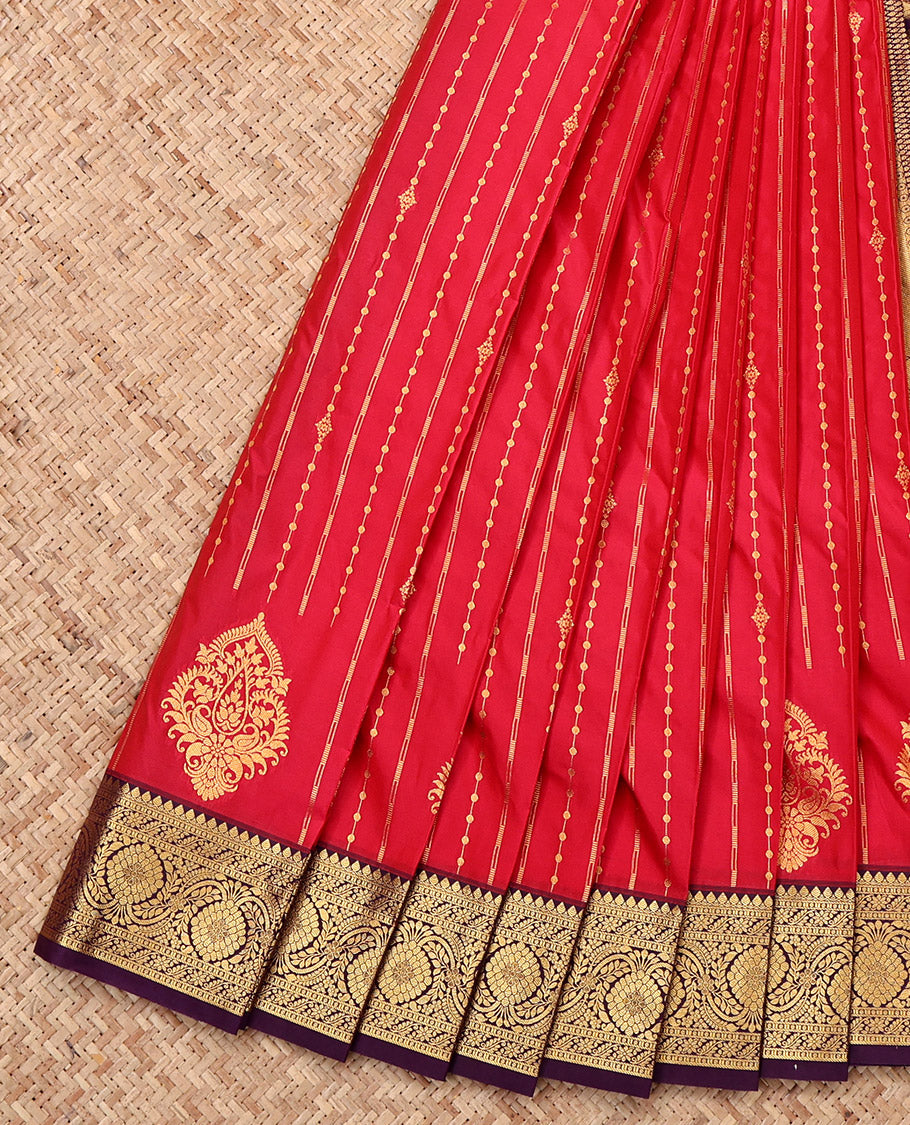 Red Budget Silk Saree, Elegantly Framed with Zari Stripes, Complemented by a Contrast Traditional Zari Border, Grand Pallu, and a Contrast Blouse