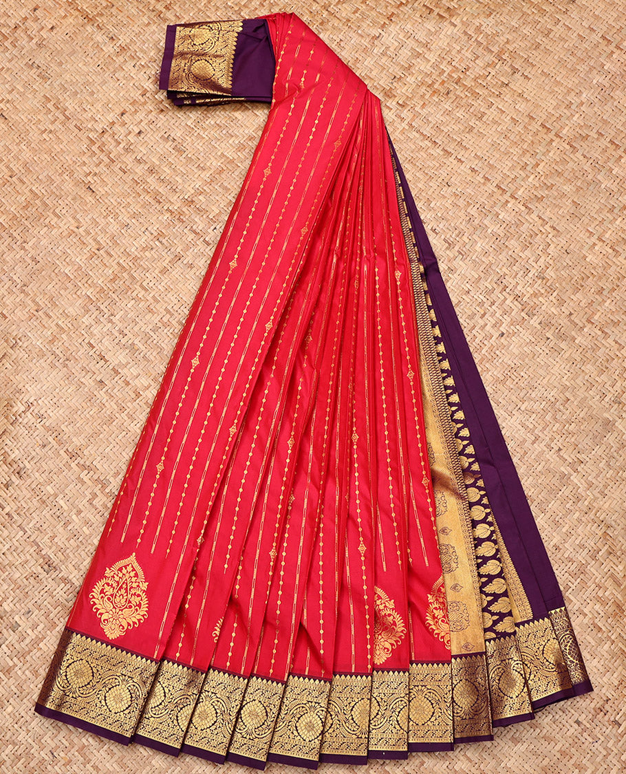 Red Budget Silk Saree, Elegantly Framed with Zari Stripes, Complemented by a Contrast Traditional Zari Border, Grand Pallu, and a Contrast Blouse