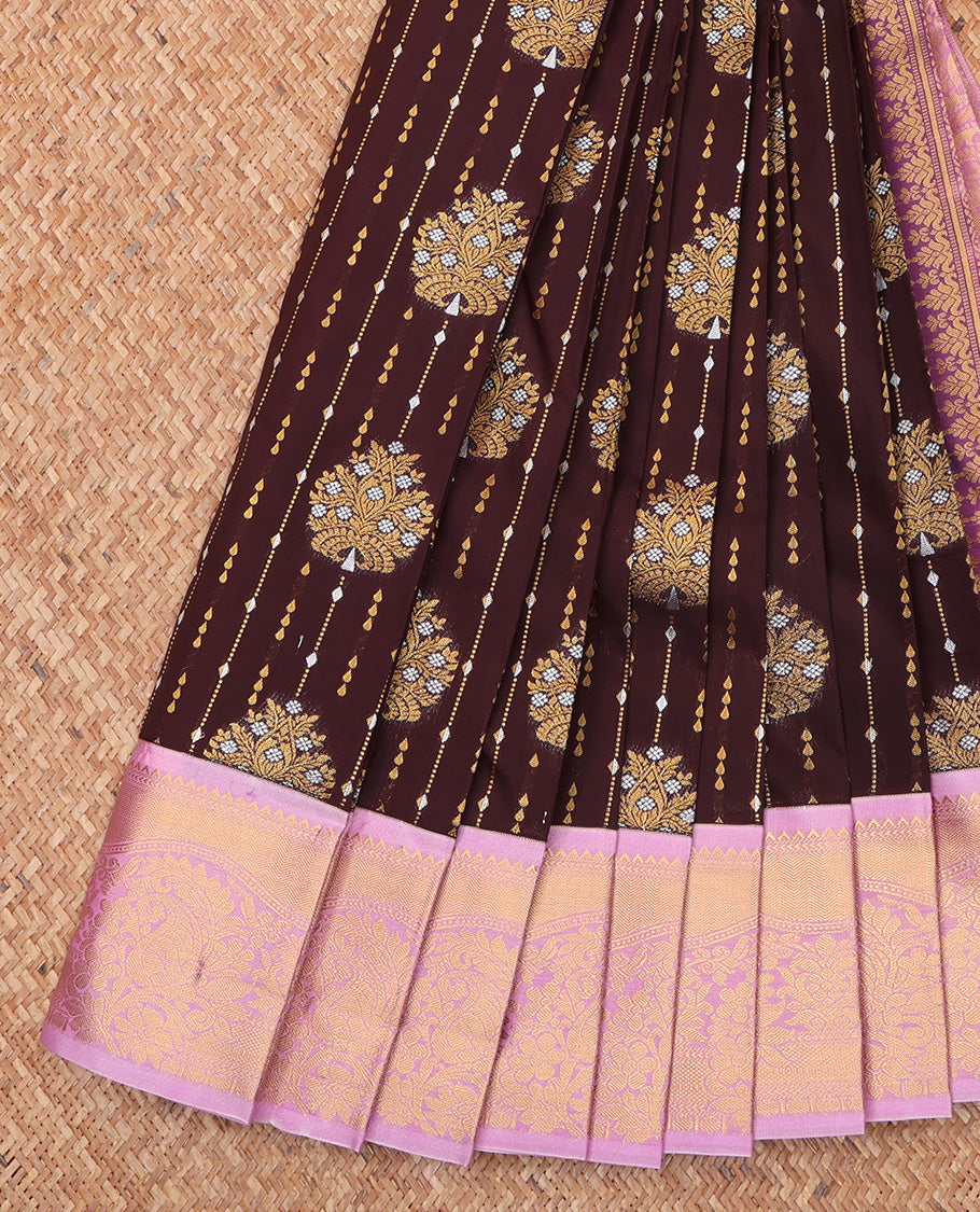 Brown Budget Silk Saree, Spotlighted with Zari Buttas All Over Its Body, Complemented by Contrast Traditional Zari Designs Woven Border, Grand Pallu and Paired with a Contrast Blouse