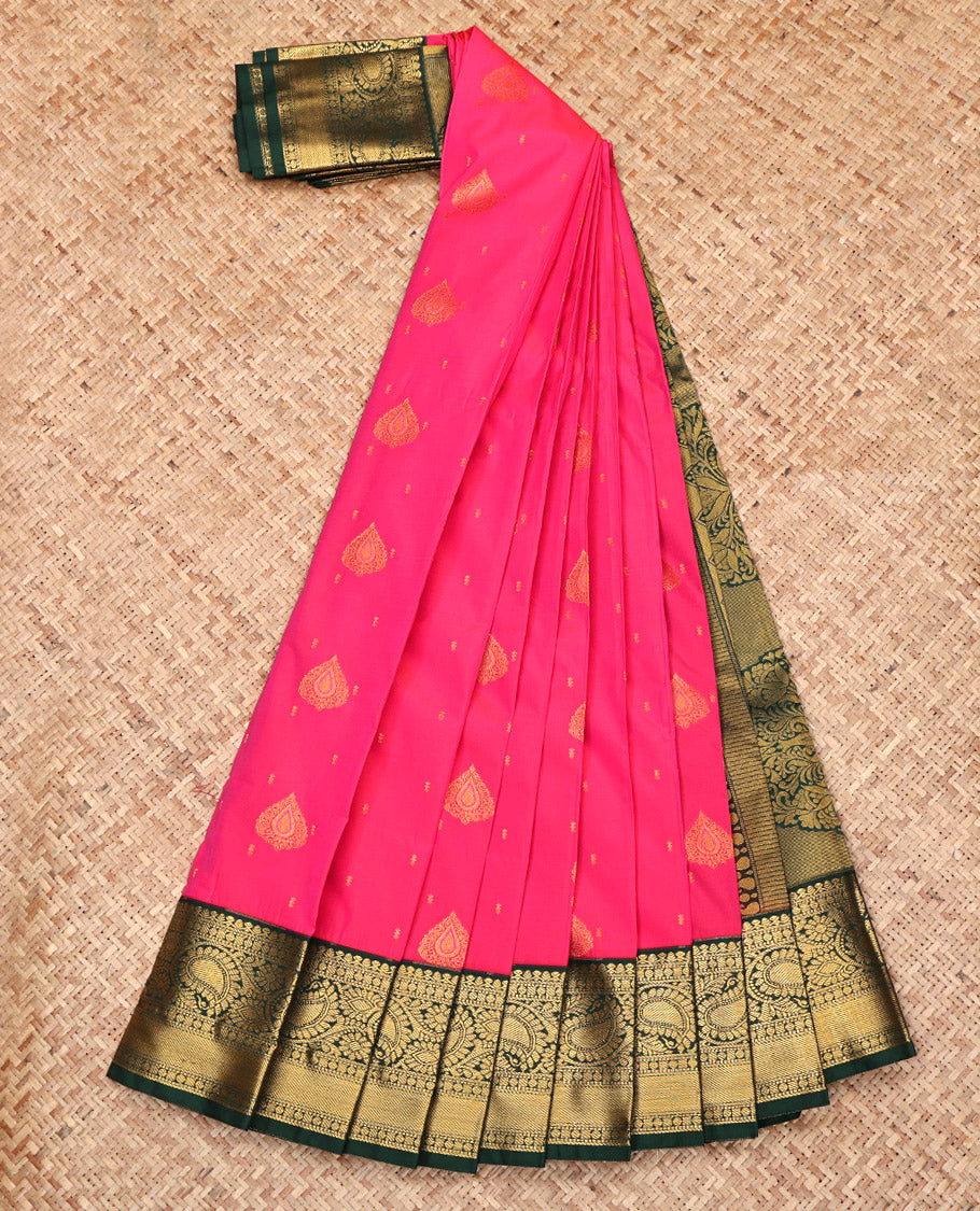 Rani Pink Budget Silk Saree, Gleamed Up with Zari Buttas All Over Its Body, Complemented by a Contrast Traditional Zari Design Border of Paisleys, Grand Pallu, and Paired with a Contrast Blouse
