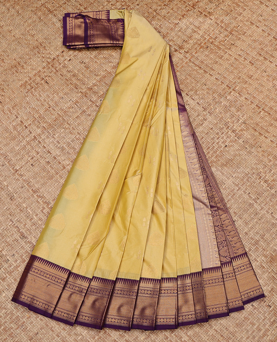 Sandal Budget Silk Saree, Featuring Zari Buttas All Over Its Body, Complemented by a Contrast Traditional Zari Design Border, Grand Pallu, and Paired with a Contrast Blouse