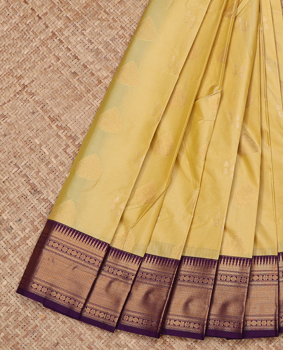 Sandal Budget Silk Saree, Featuring Zari Buttas All Over Its Body, Complemented by a Contrast Traditional Zari Design Border, Grand Pallu, and Paired with a Contrast Blouse