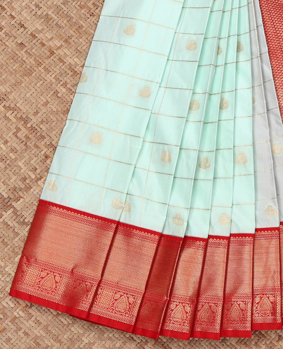 Pale Blue Budget Silk Saree, Bedecked with Zari Butta Enclosed Checks on Its Body, Complemented by a Contrast Traditional Zari Design Border, Grand Pallu, and Paired with a Contrast Blouse