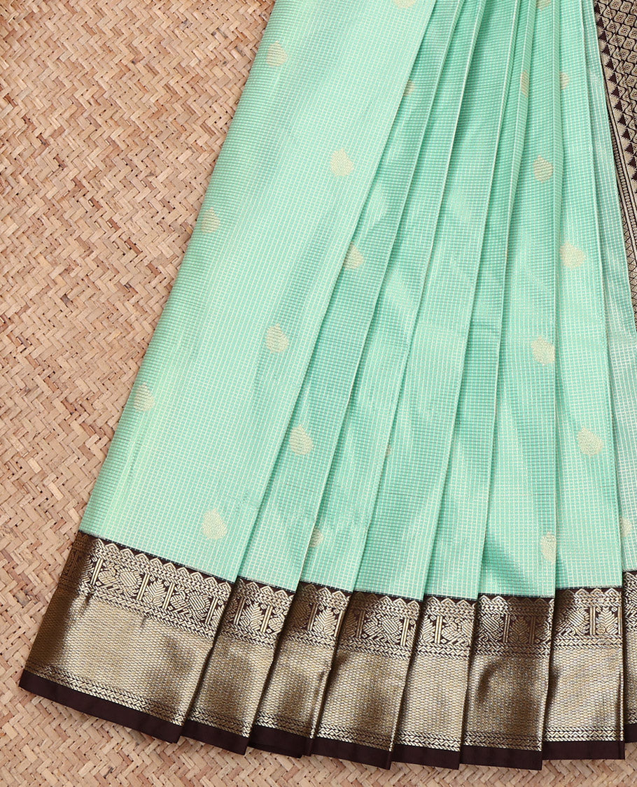 Turquoise Budget Silk Saree, Woven with Zari Buttas and Micro-Checks, Complemented by a Contrast Traditional Zari Design Border, Grand Pallu, and a Contrast Blouse