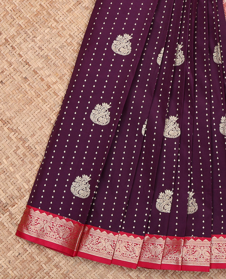 Dark Wine Budget Silk Saree, Steeped with Zari Buttas, Complemented by Contrast Traditional Border, Geometric Pallu and a Contrast Blouse